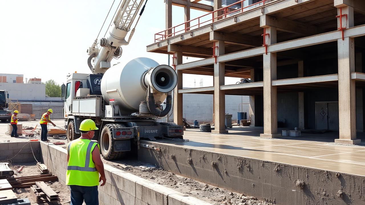 Proses pengecoran beton menggunakan pompa beton pada pelat lantai proyek di Banda Aceh